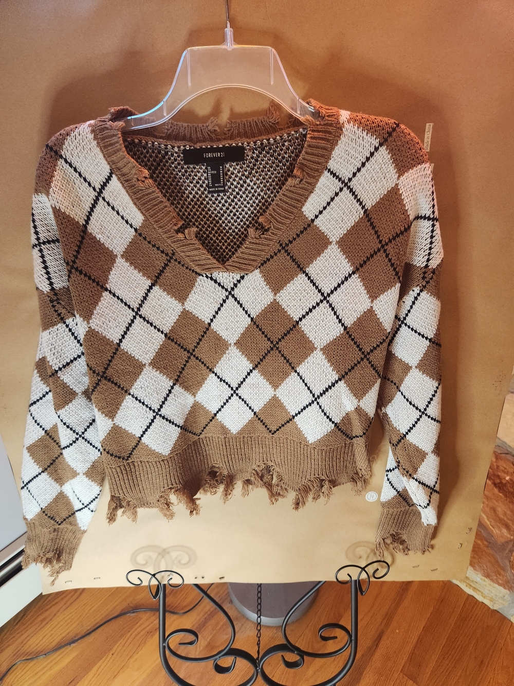 Size Medium Forever 21 Brown and Cream Distressed V-Neck Sweater
